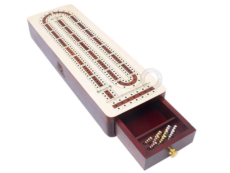 House of Cribbage Continuous Cribbage Board Alphabet e Shape Inlaid in Maple and Bloodwood with Storage Drawer for pegs and Cards - 3 Tracks - Image 3